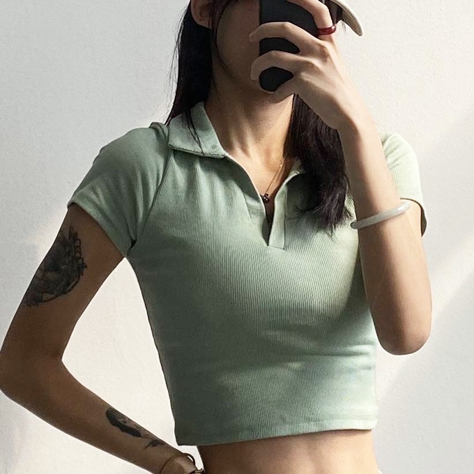 Hot selling Polo collar big V short-sleeved T-shirt (green) (S/M size) (contact customer service after placing the order to confirm the delivery size)