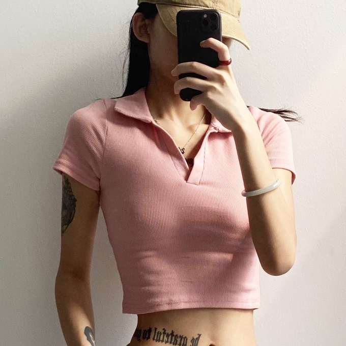 Hot selling Polo collar big V short-sleeved T-shirt (pink) (S/M size) (contact customer service after placing the order to confirm the delivery size)