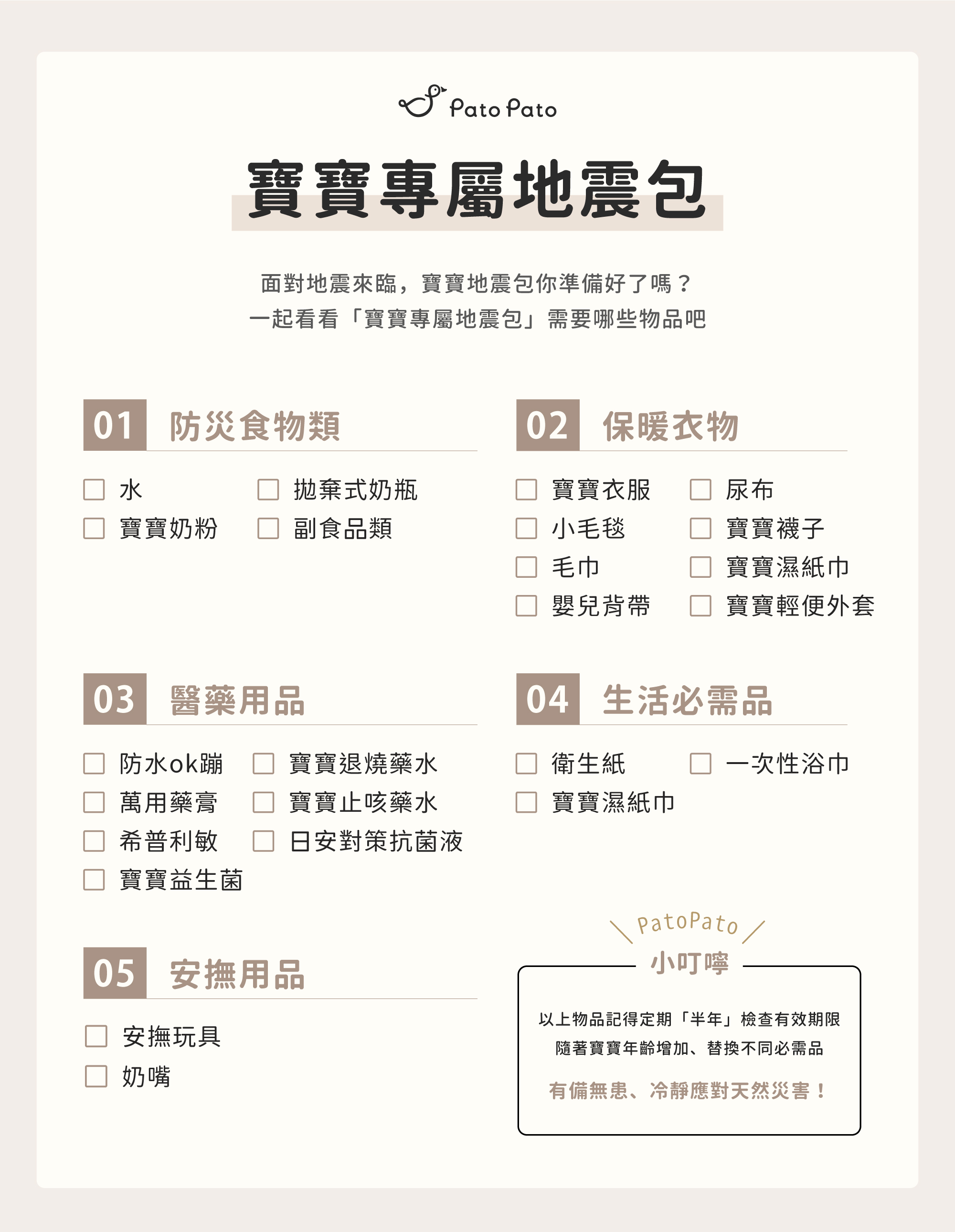 這是一張地震包的物品確認清單