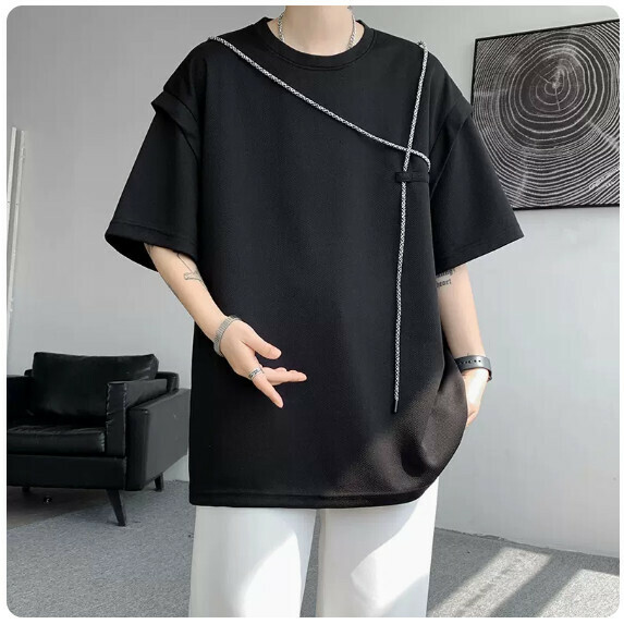 熱賣假兩件短袖T恤男夏季（黑色【M_5XL碼】（下單後聯繫客服確認發貨尺碼）