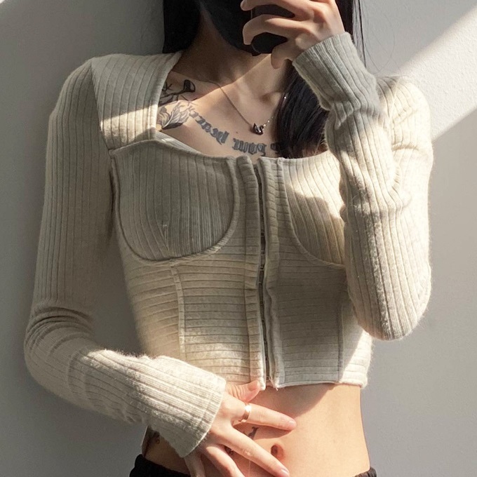 熱賣大領口拉鍊針織開衫(杏色)(S-L碼)(下單後聯絡客服確認發貨尺碼)