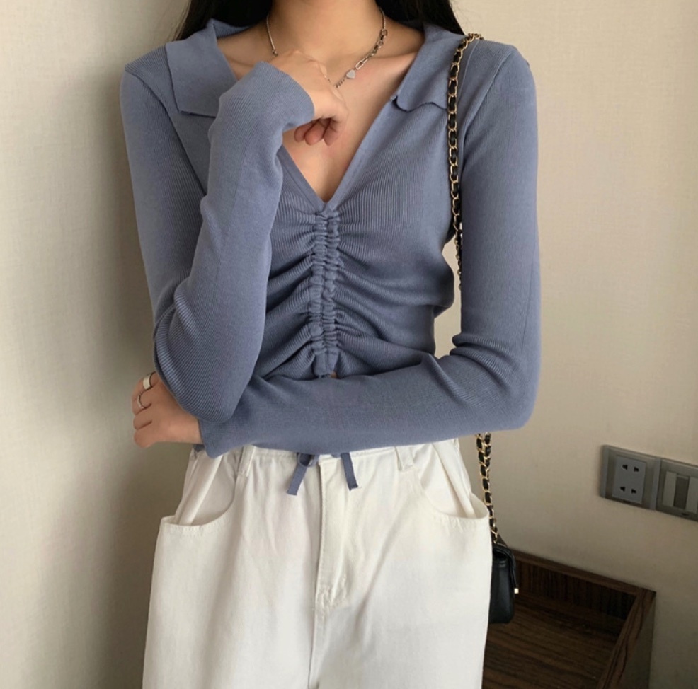 Hot Selling Drawstring Cropped Top Women's Knitted V-Neck Long Sleeves (Mist Blue) (Size: One Size)