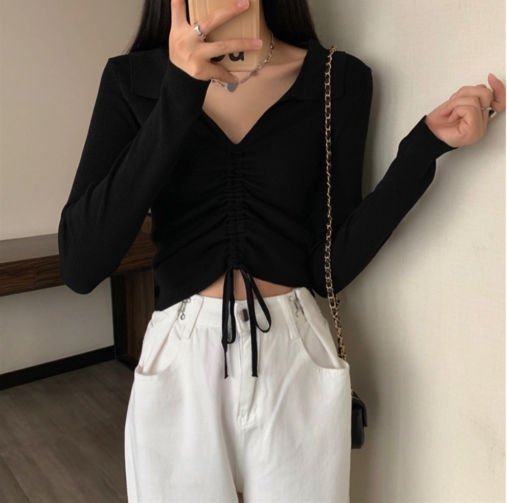 Hot Selling Drawstring Cropped Top Women's Knitted V-Neck Long Sleeve (Black) (Size: One Size)