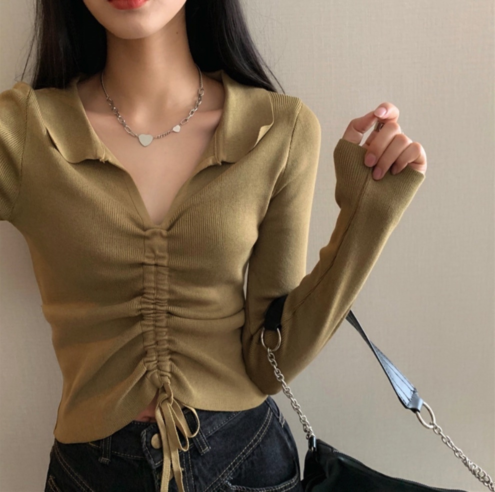 Hot Selling Drawstring Cropped Top Women's Knitted V-Neck Long Sleeve (Mustard Green) (Size: One Size)