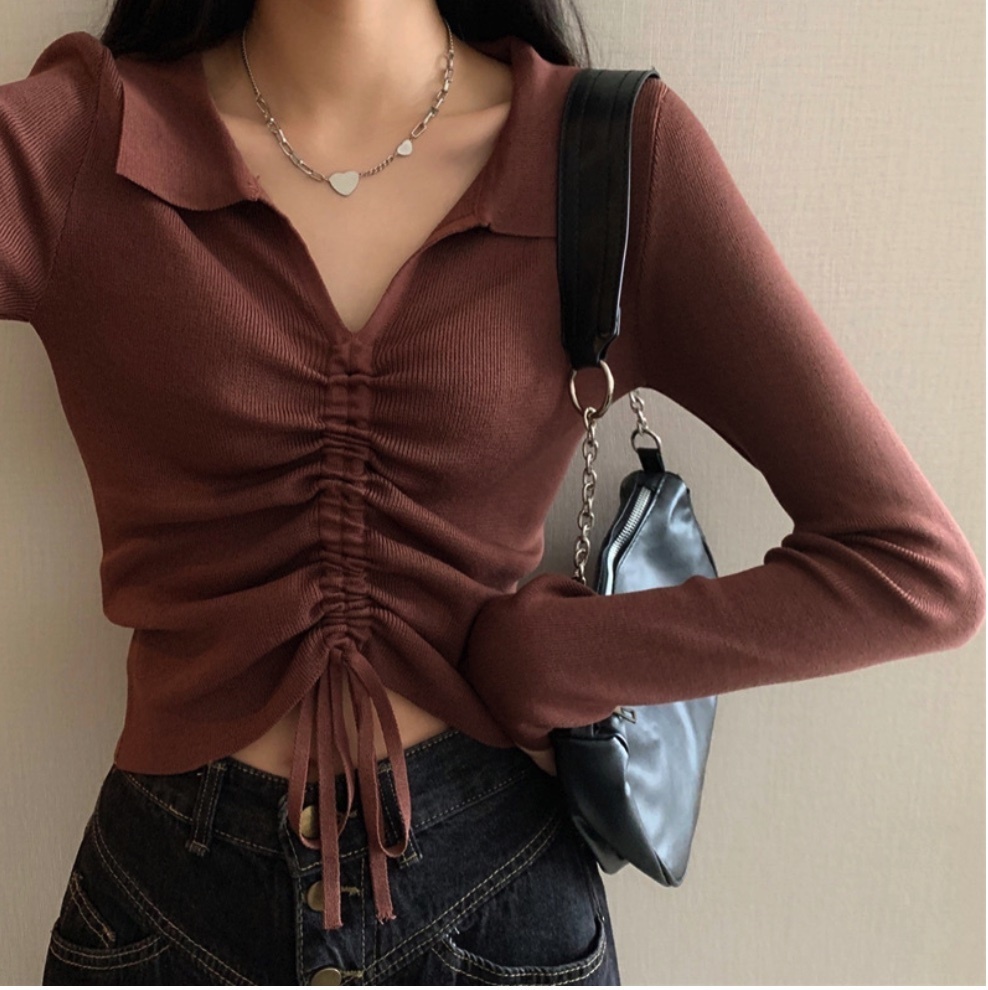 Hot Selling Drawstring Cropped Top Women's Knitted V-Neck Long Sleeves (Coffee) (Size: One Size)