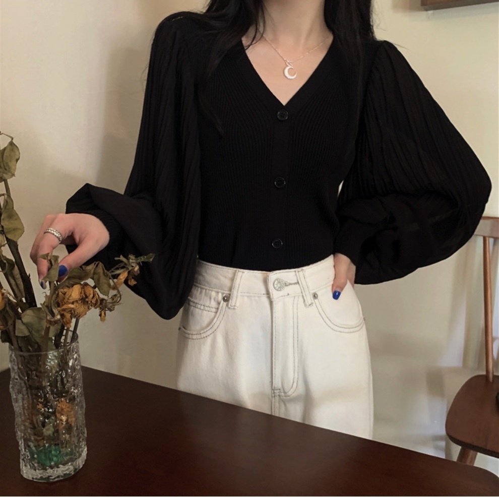Hot Selling Single Breasted Chic Pleated Lantern Sleeve Sweater Women (Black) (Size: One Size)