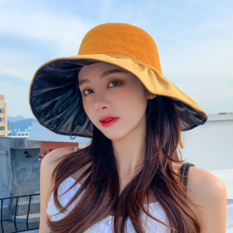 Hot Selling Vinyl Bow Sun Hat Straw Hat UV Protection Large Brim Fisherman Hat (Adjustable (54-59cm) Yellow)