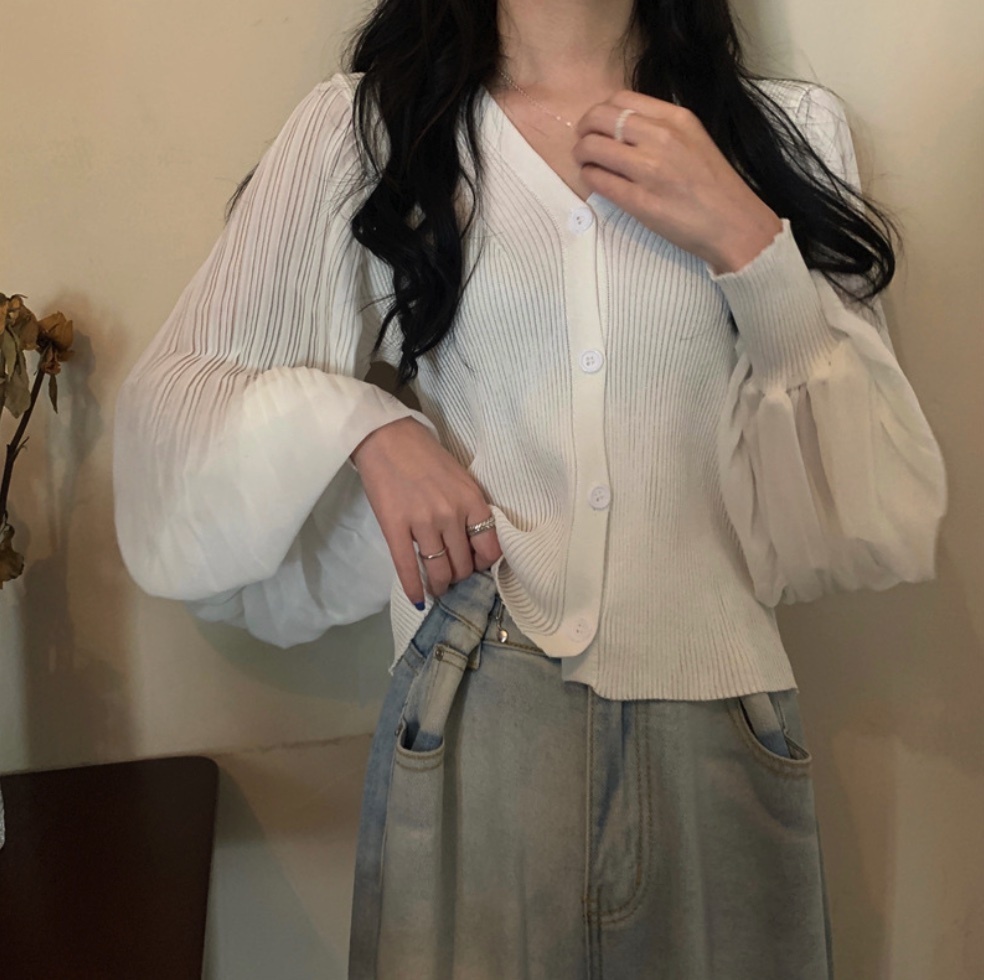 Hot Selling Single Breasted Chic Pleated Lantern Sleeve Sweater Women (White) (Size: One Size)