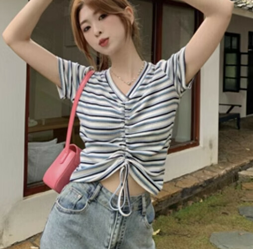 V-Neck Drawstring T-Shirt (Blue & White Striped One-size-fits-all)