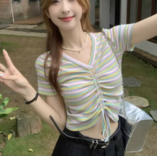 V-Neck Drawstring T-Shirt (Pink & Yellow Striped One-size-fits-all)