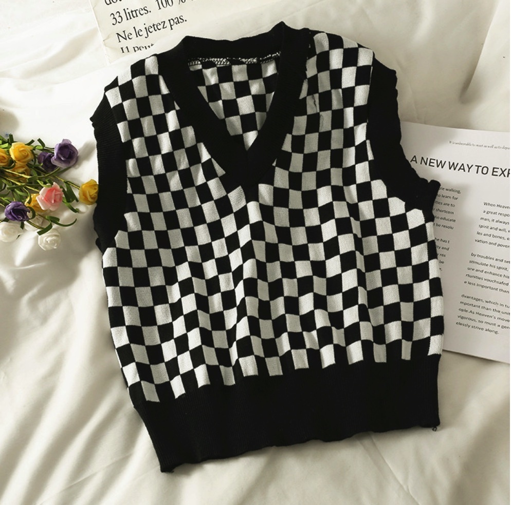 Hot Selling Checkerboard Vest Women's V-Neck Sweater (Black) (Size: One Size)