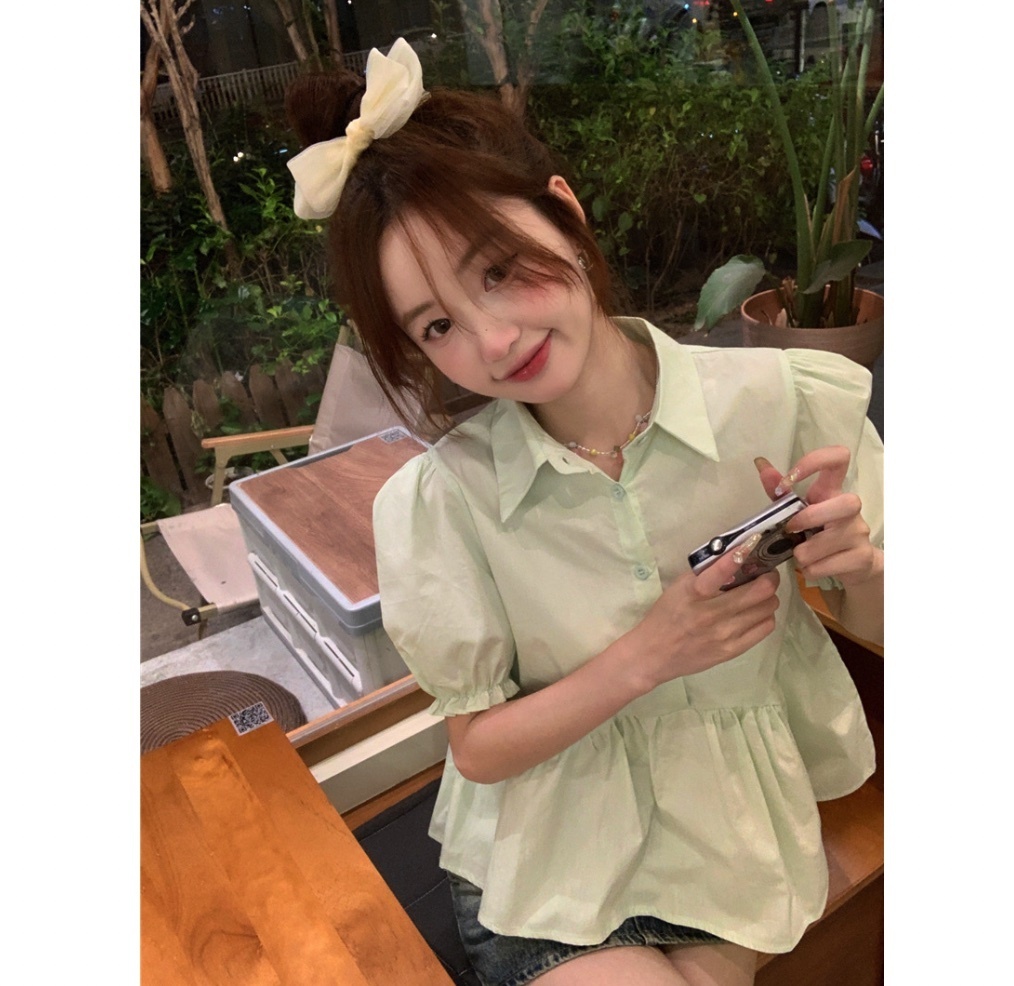 Hot Selling Sweet Lapel Puff Sleeve Shirt Women (Green) (Size: One Size)