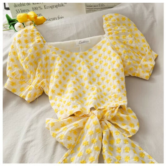 V-Neck Short Sleeve Shirt Top (Yellow) (One Size)