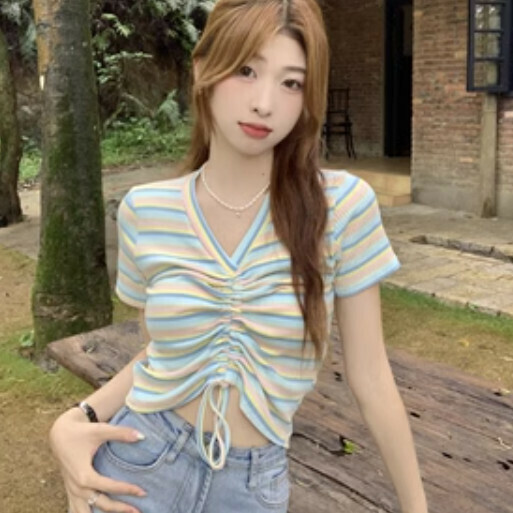 V-Neck Drawstring T-Shirt (Powder Blue Striped One-size-fits-all)