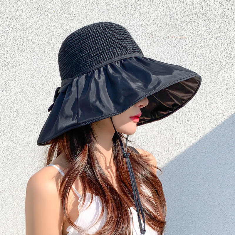 Hot Selling Vinyl Bow Sun Hat Straw Hat UV Protection Large Brim Fisherman Hat (Adjustable (54-59cm) Black)