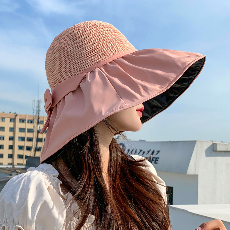 Hot Selling Vinyl Bow Sun Hat Straw Hat UV Protection Large Brim Fisherman Hat (Adjustable (54-59cm) Pink)