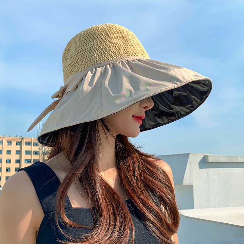 Hot Selling Vinyl Bow Sun Hat Straw Hat UV Protection Large Brim Fisherman Hat (Adjustable (54-59cm) Beige)