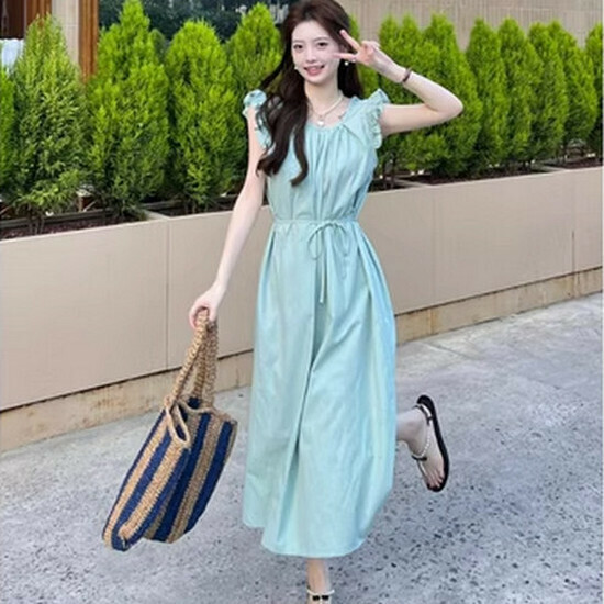 Hot Selling Lace-Up Waist Dress [Blue] [One Size Fits All]