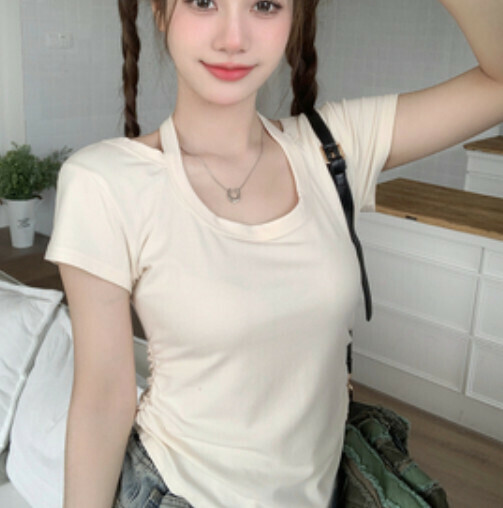 Lace-up halterneck T-shirt (apricot S-M contact customer service to confirm shipping size after placing an order)