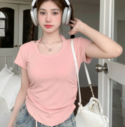 Lace-up halterneck T-shirt (pink S-M contact customer service to confirm shipping size after placing an order)