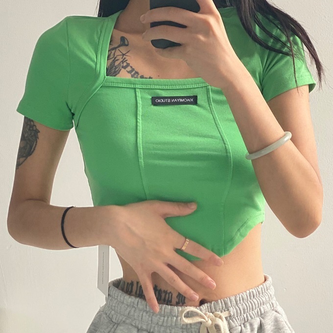 Hot selling short square neck high waist T-shirt (green) (S/M size) (contact customer service after placing the order to confirm the delivery size)