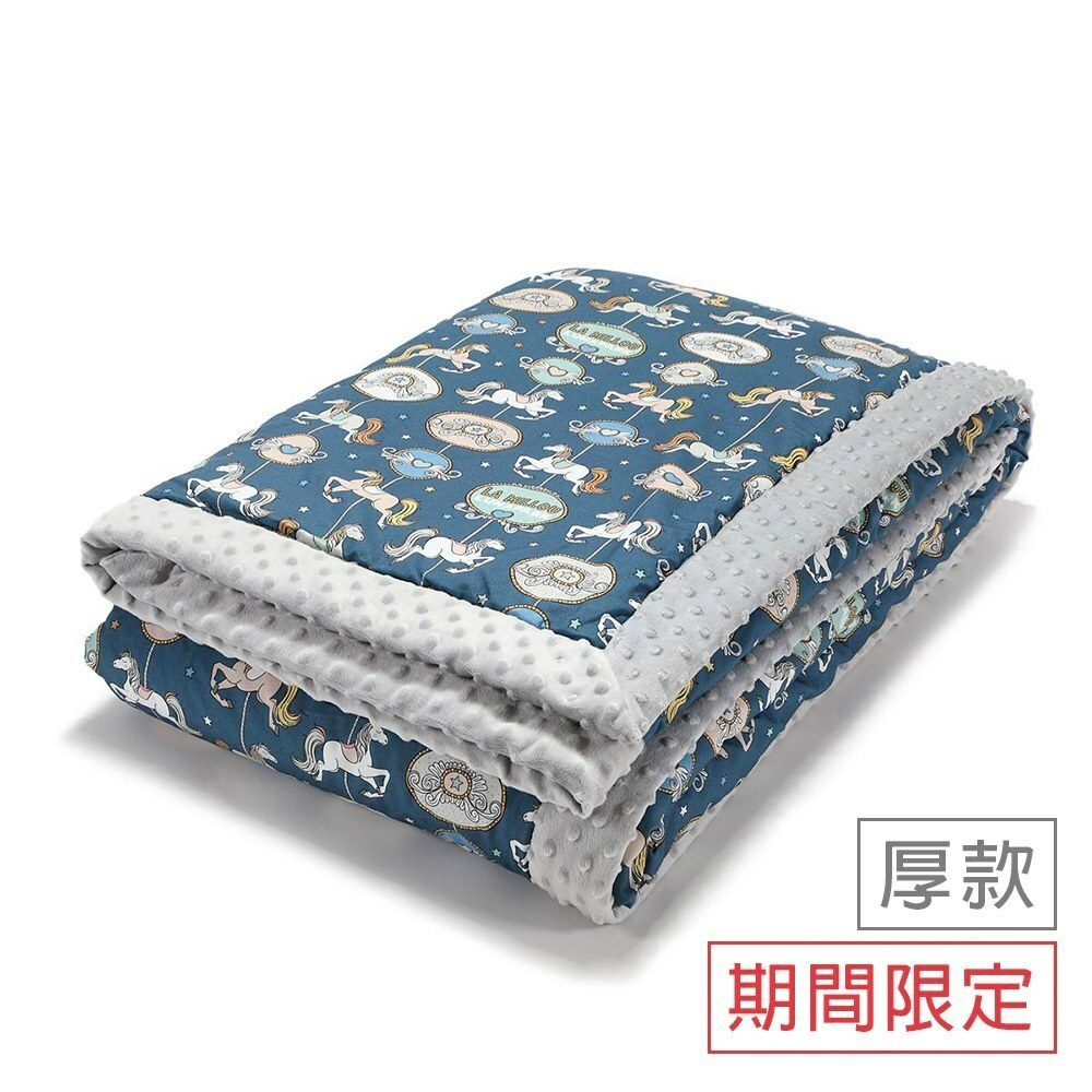 La Millou波蘭 暖膚豆豆毯大人款(140x220cm)｜旋轉小木馬(藍底)｜牛奶星空灰