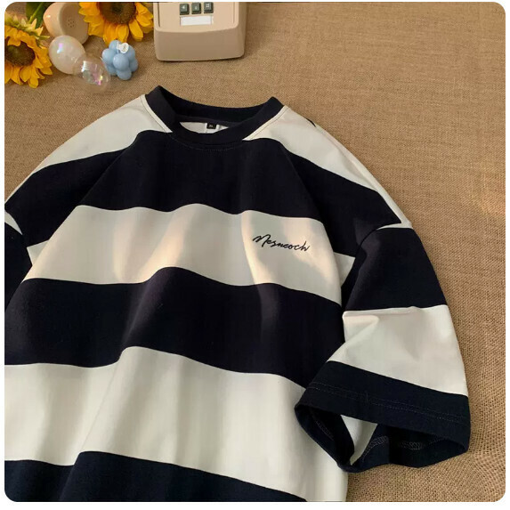 Striped Short Sleeve T-Shirt Men's Summer (White [M_2XL Size] (Contact customer service to confirm the shipping size after placing an order)