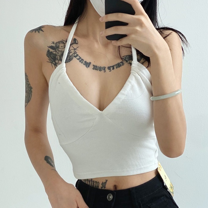 Hot selling back lace-up halter-neck tank top (white) (S/M size) (contact customer service after placing the order to confirm the delivery size)