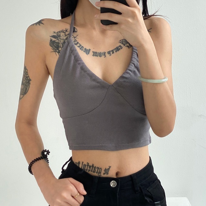 Hot selling back lace-up halter-neck tank top (grey) (S/M size) (contact customer service after placing order to confirm delivery size)