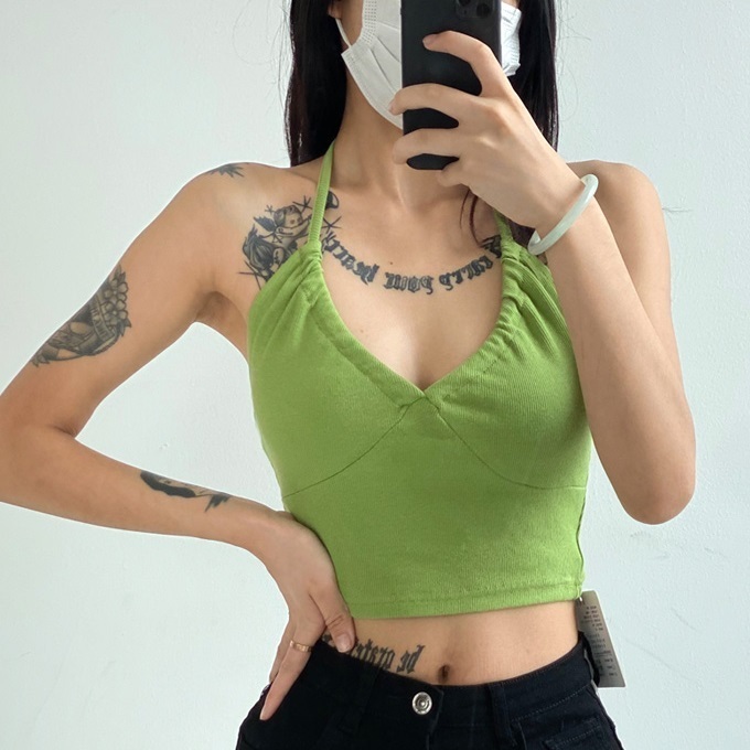 Hot selling back lace-up halter-neck tank top (green) (S/M size) (contact customer service after placing order to confirm delivery size)