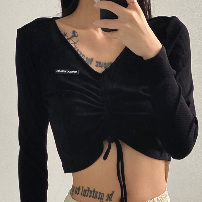 Hot selling V-neck drawstring long-sleeved T-shirt (black) (S-L size) (contact customer service after placing order to confirm delivery size)
