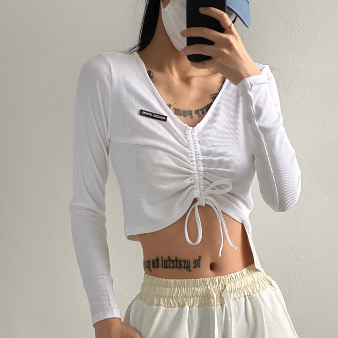 Hot selling V-neck drawstring long-sleeved T-shirt (white) (S-L size) (contact customer service after placing order to confirm delivery size)