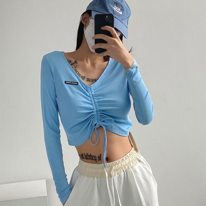 Hot selling V-neck drawstring long-sleeved T-shirt (blue) (S-L size) (contact customer service after placing the order to confirm the delivery size)
