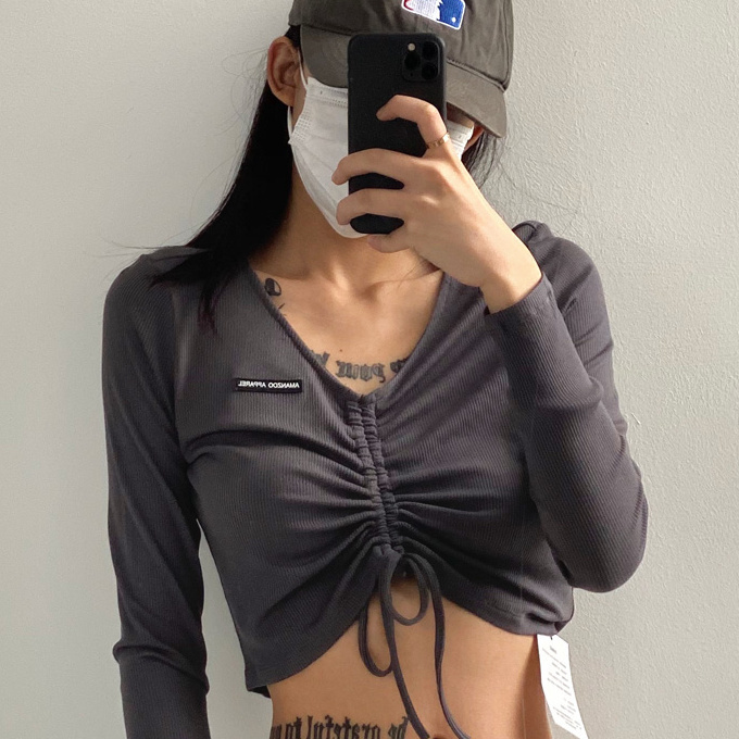 Hot selling V-neck drawstring long-sleeved T-shirt (grey) (S-L size) (contact customer service after placing the order to confirm the delivery size)