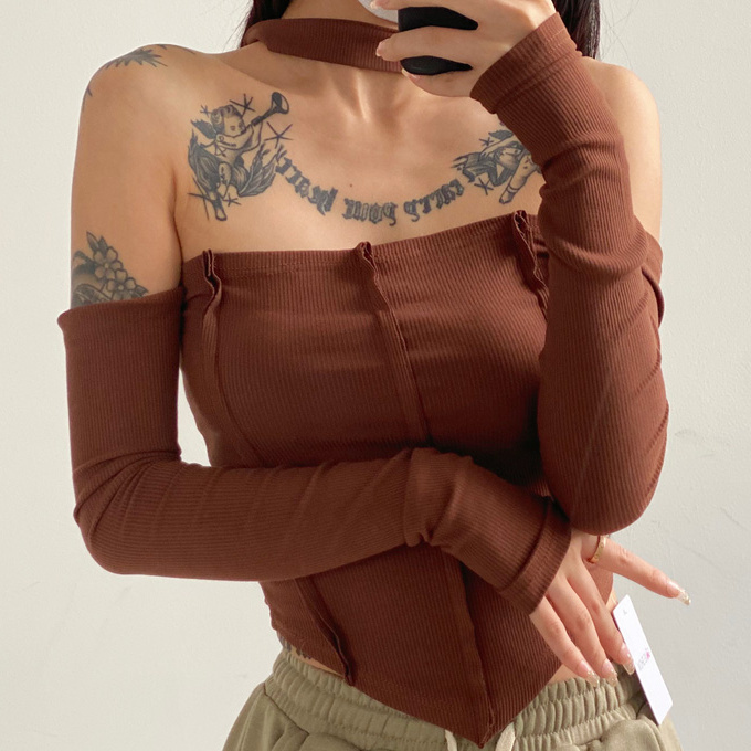 Hot selling one-shoulder halterneck tube top (coffee color) (S/M size) (contact customer service after placing the order to confirm the delivery size)