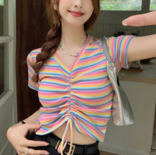 V-Neck Drawstring T-Shirt (Rainbow Stripe One-size-fits-all)
