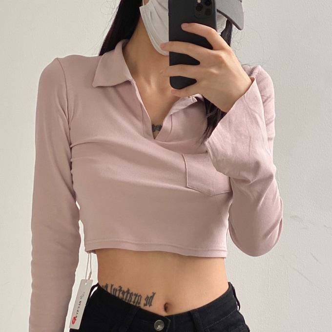 Hot selling polo shirt long-sleeved T-shirt (light pink) (S/M size) (contact customer service after placing the order to confirm the delivery size)