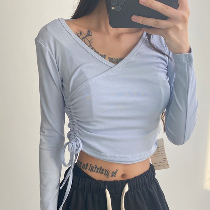 Hot selling single-sided drawstring cross V-neck long-sleeved T-shirt (haze blue) (S/M size) (contact customer service after placing the order to confirm the delivery size)