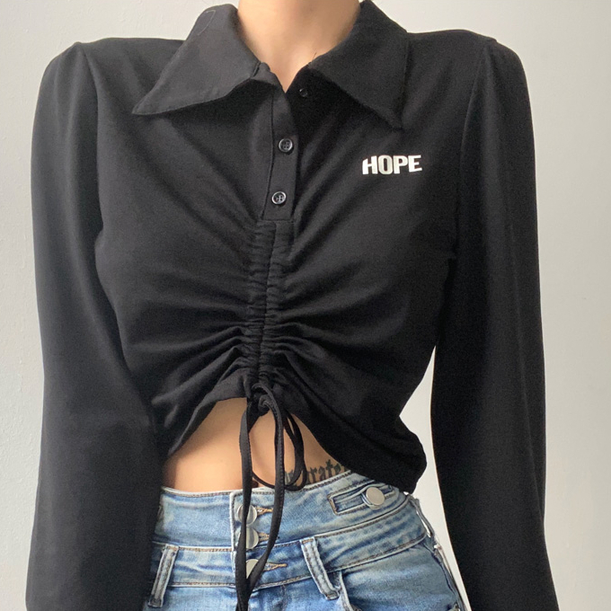熱賣Polo領抽繩露臍T卹(黑色)(S/M碼)(下單後聯絡客服確認發貨尺碼)