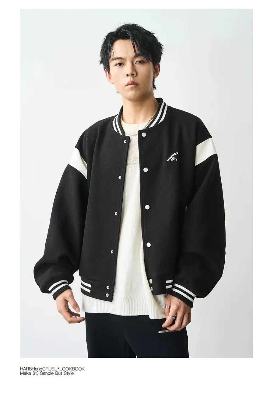 Harsh and Cruel 24SS 粗紡毛呢撞色拼接刺繡棒球外套 HN234090561