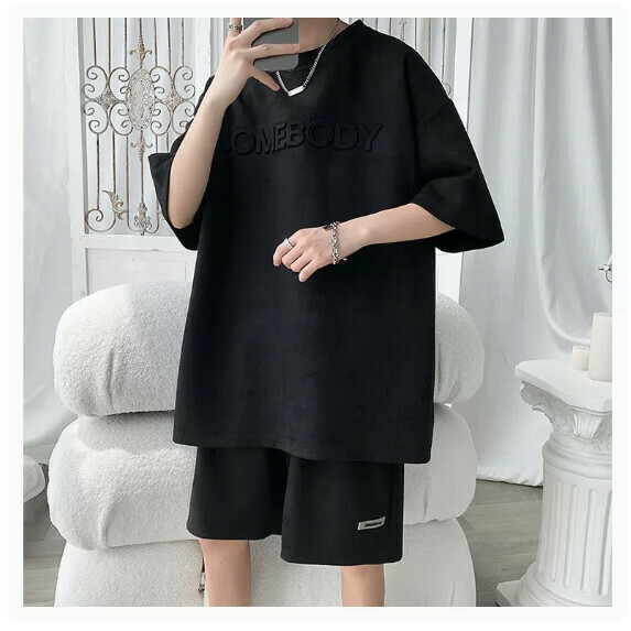 Loose short-sleeved T-shirt shorts men's summer (black [size M_5XL] (contact customer service to confirm the shipping size after placing an order)
