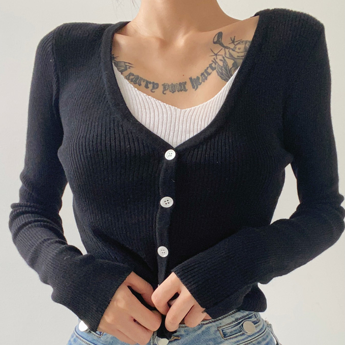 Hot selling fake two-piece long-sleeved V-neck knitted cardigan (black) (S/M size) (contact customer service after placing the order to confirm the delivery size)