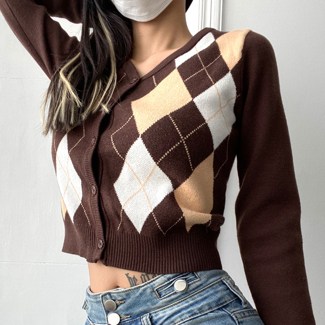 Hot selling rhombus long-sleeved knitted cardigan (brown) (size S-L) (contact customer service after placing order to confirm delivery size)