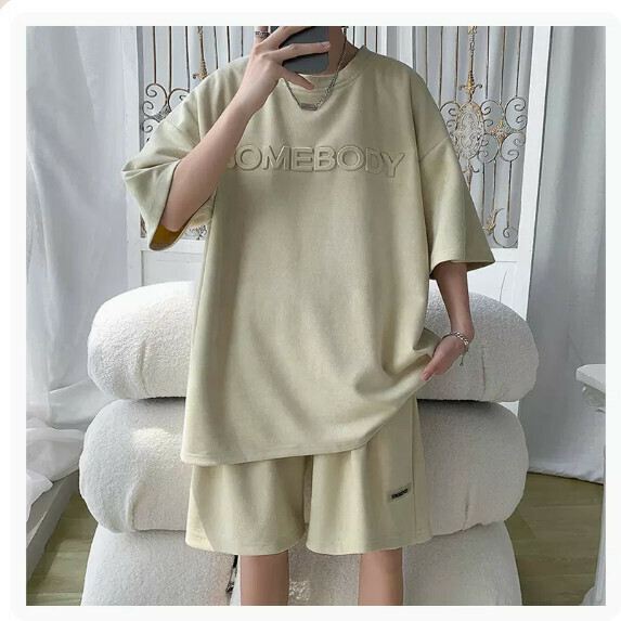 Loose short-sleeved T-shirt shorts men's summer (apricot [size M_2XL] (contact customer service to confirm the shipping size after placing an order)