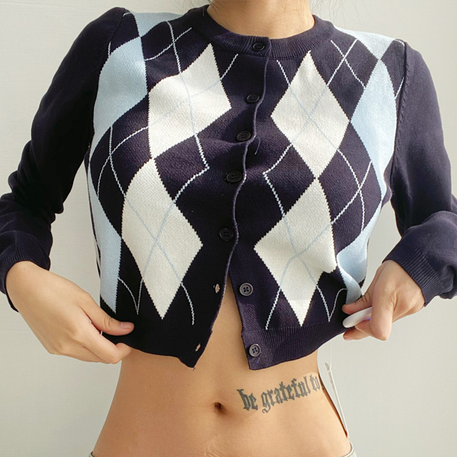Hot selling diamond round neck single-breasted cardigan (blue diamond) (S/M size) (contact customer service after placing the order to confirm the delivery size)