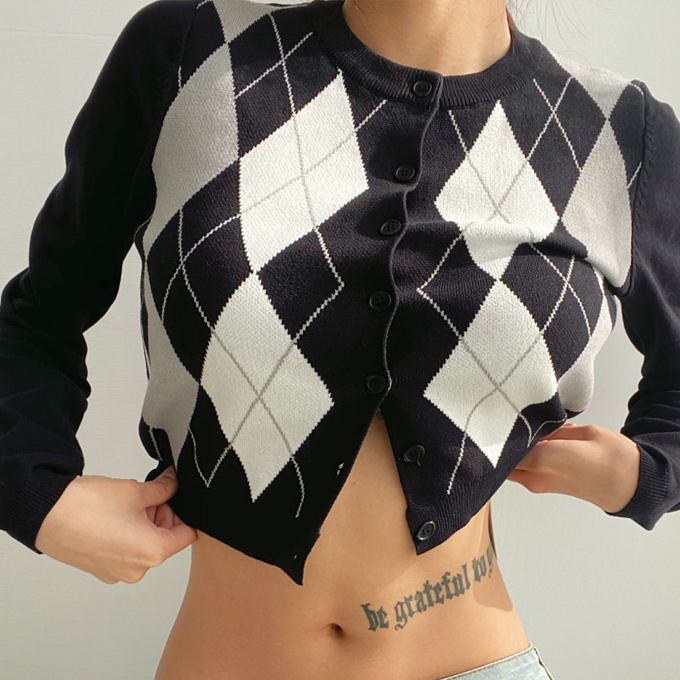 Hot selling diamond round neck single-breasted cardigan (black diamond) (S/M size) (contact customer service after placing the order to confirm the delivery size)