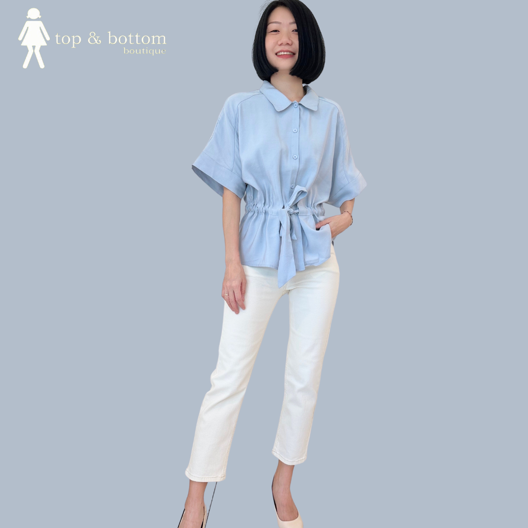 DRAWSTRING COLLARED PEPLUM BLOUSE