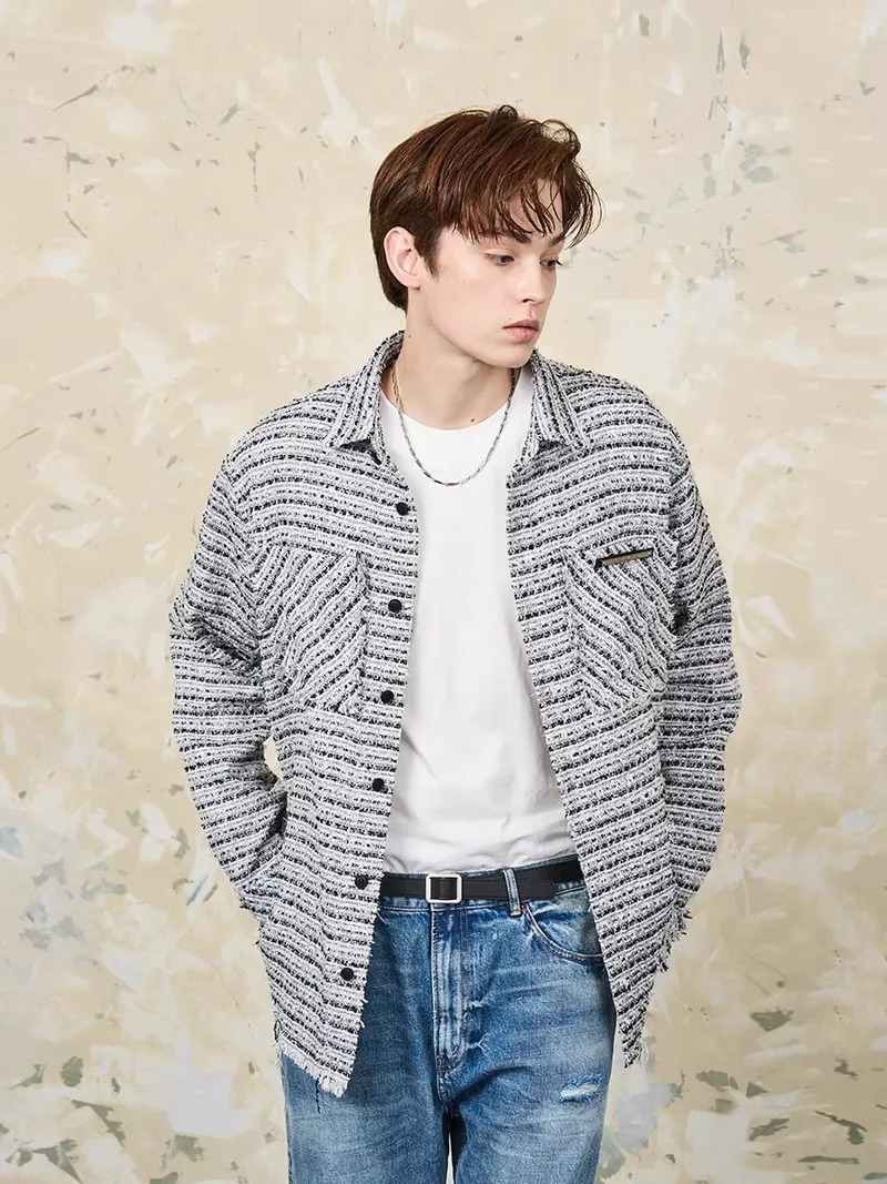 Harsh and Cruel 24SS 小香風粗毛呢下擺不收邊長袖襯衫 HN234070551