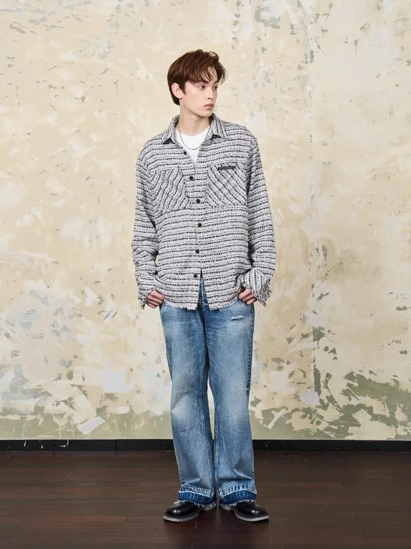 Harsh and Cruel 24SS 小香風粗毛呢下擺不收邊長袖襯衫 HN234070551