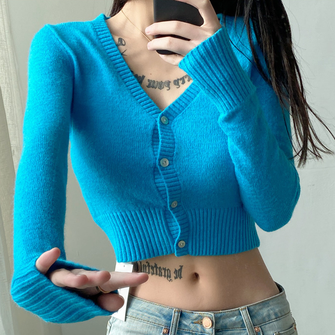 Hot selling short long-sleeved knitted cardigan (blue) (S/M size) (contact customer service after placing the order to confirm the delivery size)